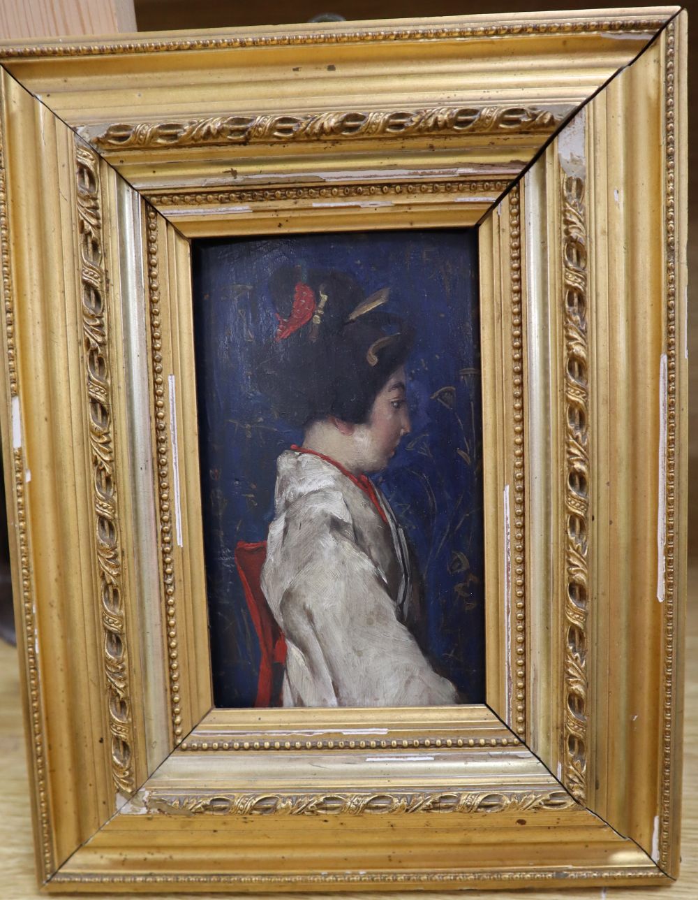 F. Scarbin, oil on wooden panel, Profile portrait of a Japanese woman, signed, 16 x 9cm